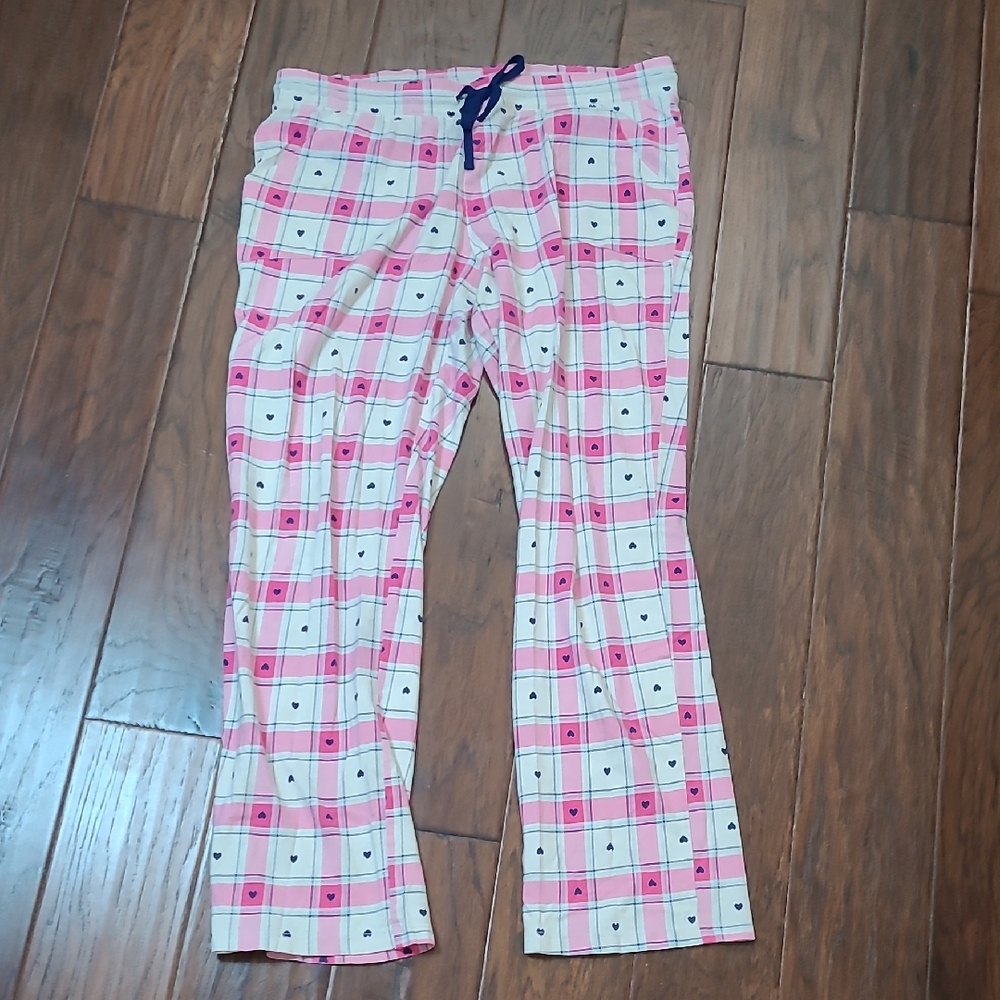 Sleep Chic Pink & Cream Plaid Pajama Pants with Navy Blue Hearts size Medium